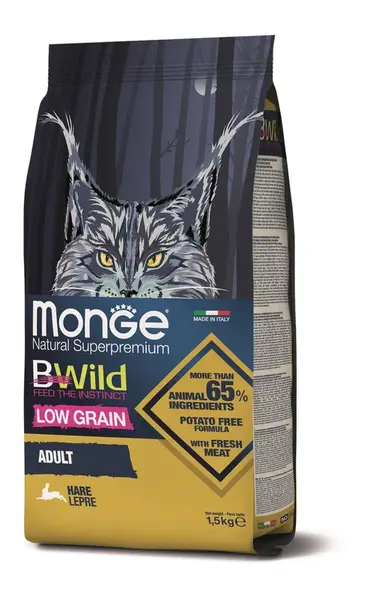 Monge BWild Low Grain Adult suché krmivo pre mačky - zajac 1,5 kg