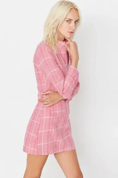 Trendyol ružový zips a vrecko detailné tvídové tkané šaty