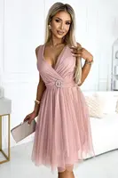 525-2 OLGA tulle dress with a neckline and decorative buckle - dirty pink
