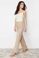 Trendyol svetlohnedé rovné nohavice s vysokým pásom a rebrovaným šitím