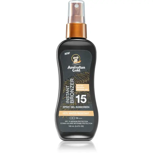 Australian Gold Instant Bronzer ochranný sprej na opaľovanie s bronzerom SPF 15 100 ml