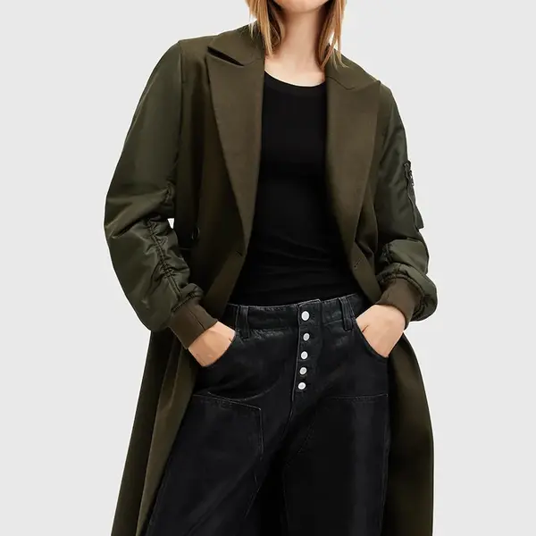 Kabát s vlnou AllSaints PAULAH zelená barva, přechodný, dvouřadový, W007OZ