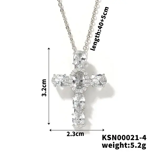 Brass Pave Cubic Zirconia Religion Cross Pendant Necklaces