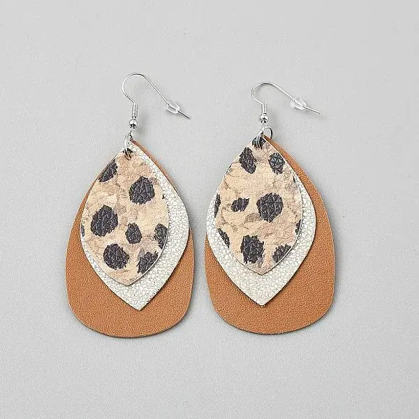 Leather Leopard Print Teardrop Dangle Earrings