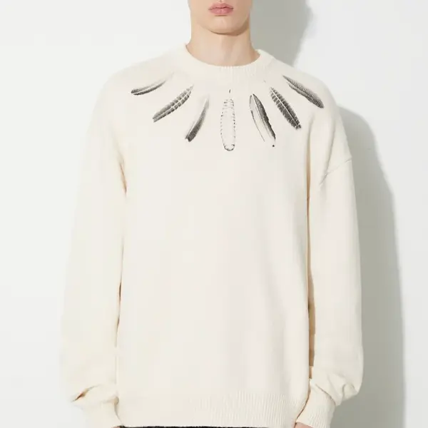 Bavlněný svetr Marcelo Burlon Aop Wind Feather béžová barva, hřejivý