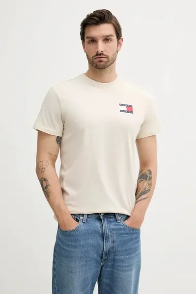 Bavlněné tričko Tommy Jeans pánské, béžová barva, s potiskem, DM0DM20740