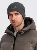 Ombre Men's knitted beanie hat with embroidered inscription - graphite