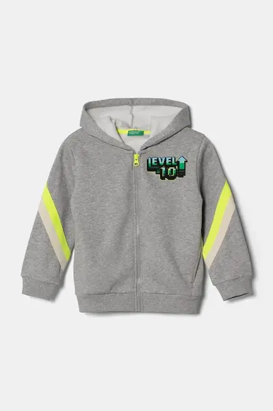 Dětská mikina United Colors of Benetton šedá barva, s kapucí, vzorovaná, 3J73G503H