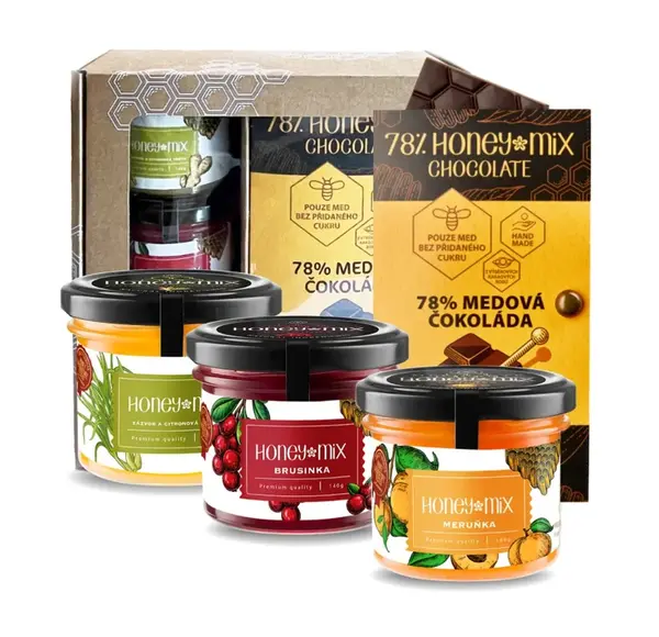 HoneyMix Dárková sada medů s medovou čokoládou 3x140 g + 1x60 g