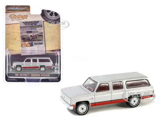 1981 Chevrolet Suburban Silver Metallic and Red "Vintage Ad Cars" Series 10 1/64 Diecast Model Car by Greenlight