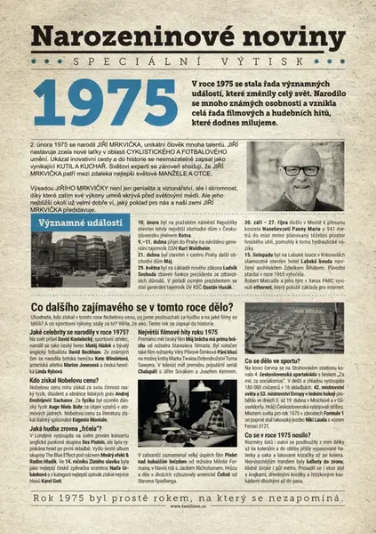 Narozeninové noviny 1975 s vlastním textem a fotografií, S textem