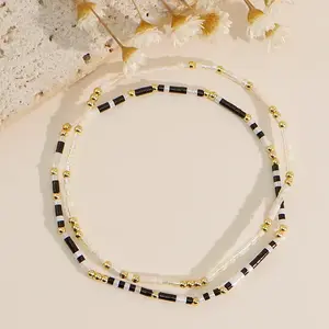 2Pcs Bohemian Style Glass Seed Beaded Stretch Bracelet Set with Brass Beads