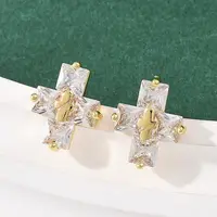 Brass Micro Pave Clear Cubic Zirconia Cross Stud Earrings