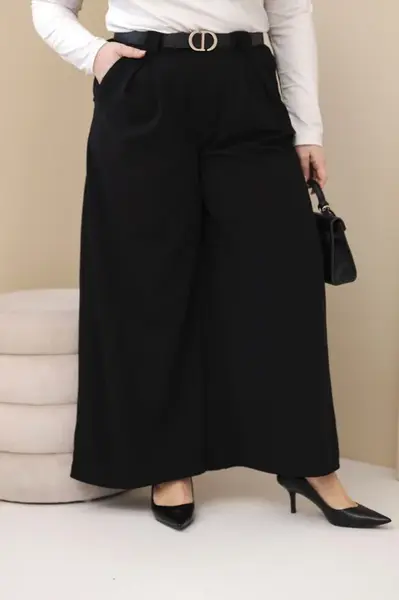 Kesi Włoski Dámské kalhoty Plus Size viskózové s širokou nohavicí a páskem černé