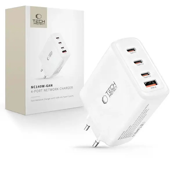 Tech-Protect NC140W GaN sieťová nabíjačka USB / 3x USB-C 140W PD QC, biela