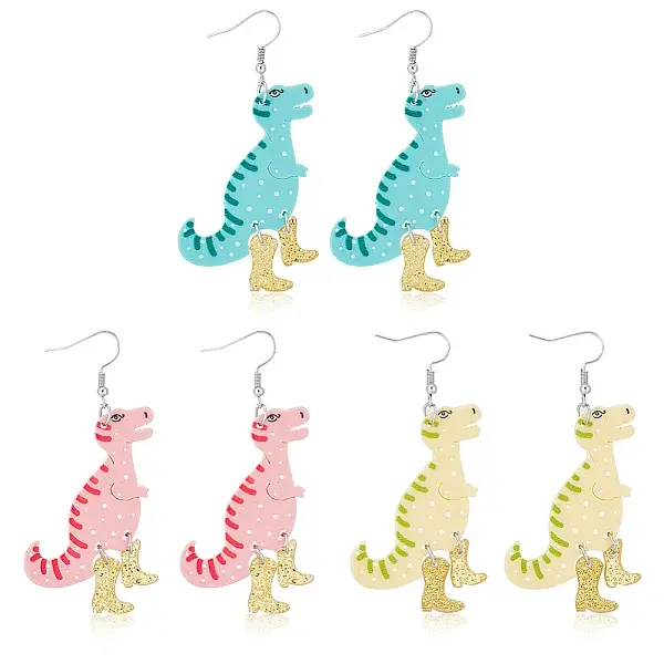 3 Pairs 3 Colors Dinosaur & High Heels Acrylic Dangle Earrings