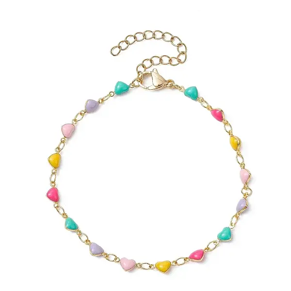 Real 18K Gold Plated Brass Enamel Heart Link Chain Bracelets