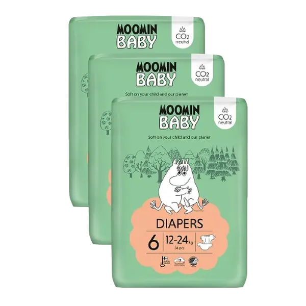 MOOMIN BABY 6 Maxi 12–24 kg, měsíční balení eko plen 102 ks