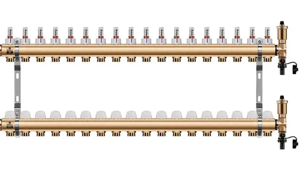 Wigell Podlahový rozdělovač WIGELL, 18 okruhů, mosazný + automatické odvzdušňování
