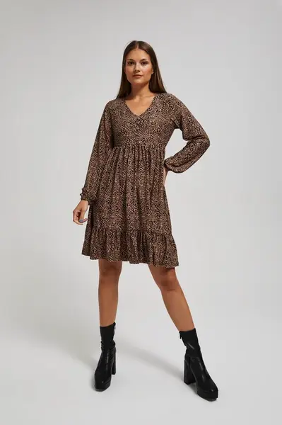 Marisse Patterned, Knee-Length, Ruffled Dress In Dark Beige