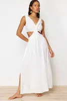 Trendyol Ecru Woven Tassel Cut Out/Window Maxi Beach Dress