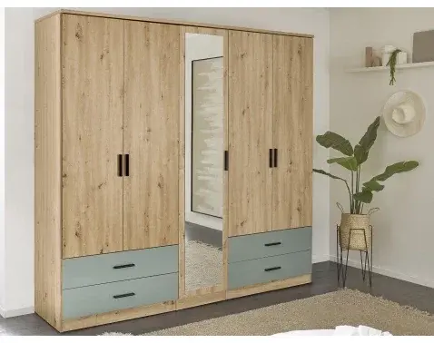 Šatníková skriňa so zrkadlom Savina 225 cm, dub artisan/šalviová%