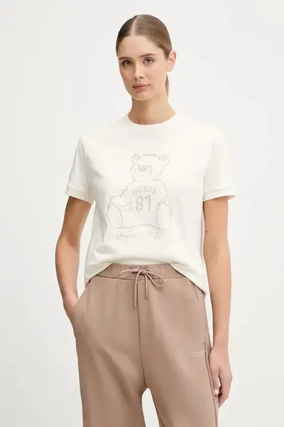 Bavlněné tričko Guess dámské, béžová barva, V5BI16 K8FQ4