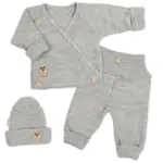 Baby Nellys Rostoucí pletený zavinovací svetřík, kalhoty a čepice, 3D - šedá, vel.56/62