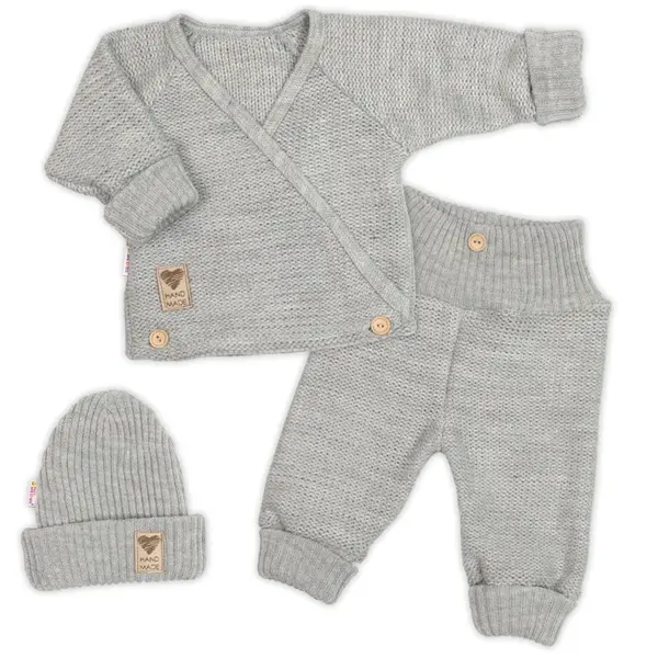 Baby Nellys Rostoucí pletený zavinovací svetřík, kalhoty a čepice, 3D - šedá, vel.56/62