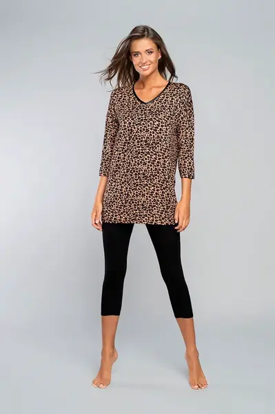 Pyžamo Panther 3/4 rukáv, 3/4 nohavice - béžový/černý potisk