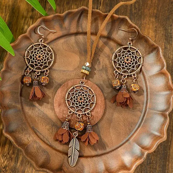 Bohemian Style Alloy & Wood & Leather Dangle Earrings & Necklaces Sets