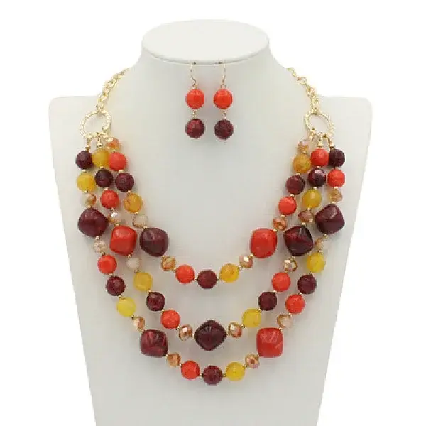 Alloy & Resin Beaded Multilayer Necklaces & Dangle Earrings Sets