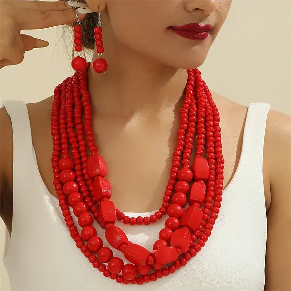 Wood Beaded Multilayer Necklaces & Dangle Earrings Sets