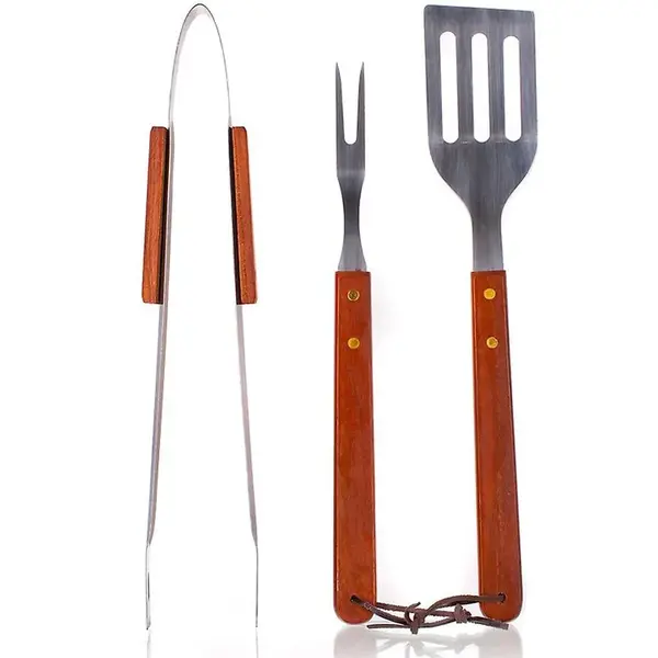 Chrómová súprava na grilovanie, 3ks drevená rukoväť