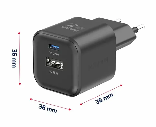 SWISSTEN SÍŤOVÝ ADAPTÉR GaN 1x USB-C 20W PD + 1x USB-A 18W QC ČERNÁ