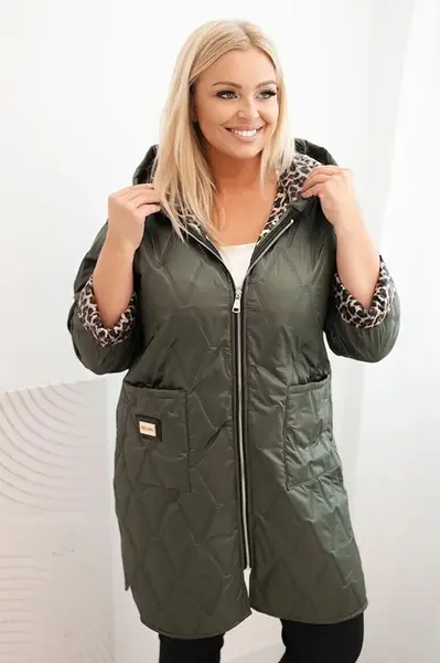 Kesi Włoski Dámská prošívaná bunda Plus Size s podšívkou v leopardím vzoru a kapucí khaki
