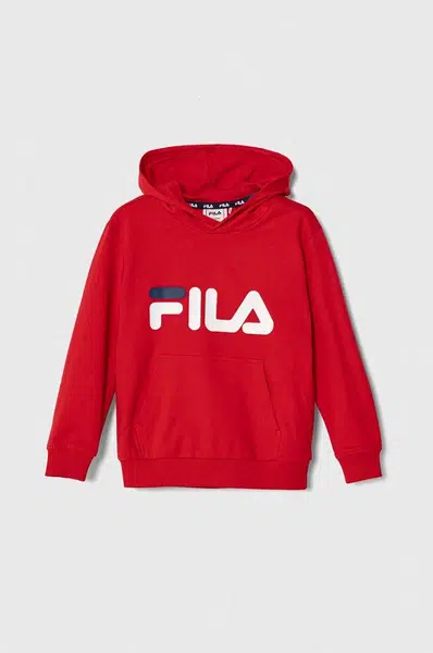Dětská mikina Fila červená barva, s kapucí, s potiskem