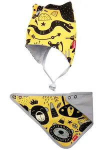 Bexa Čepice dvouvrstvá na zavazování + šátek, Zvířátka, - hořčicová, vel. 80/86