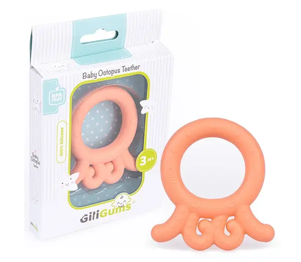 giligums Dětské silikonové kousátko Baby Octopus Teether, 3m+, meruňkova, 1 ks