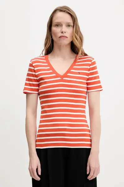Bavlněné tričko Tommy Hilfiger dámské, oranžová barva, WW0WW40584