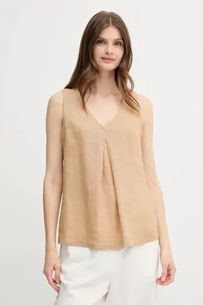 Lněná halenka United Colors of Benetton béžová barva, hladká, 5BMLDQ06W