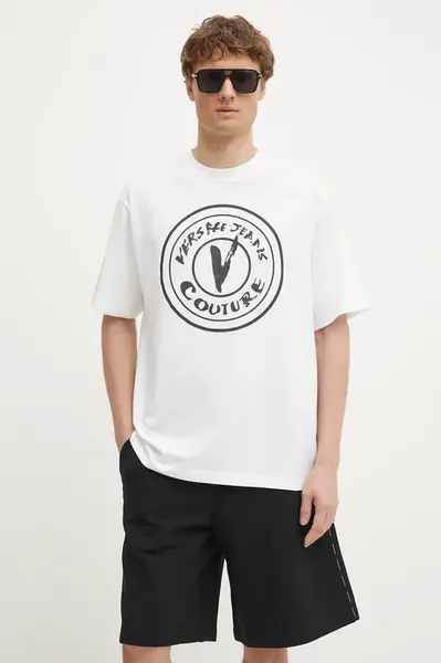 Bavlněné tričko Versace Jeans Couture bílá barva, s potiskem, 78GAHE08 CJ00E