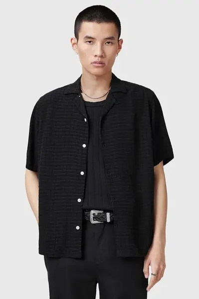 Košile AllSaints MADIN pánská, černá barva, relaxed, s italským límcem, M038SC