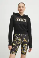 Bavlněná mikina Versace Jeans Couture dámská, černá barva, s kapucí, s aplikací, 78HAIE00 CF00E