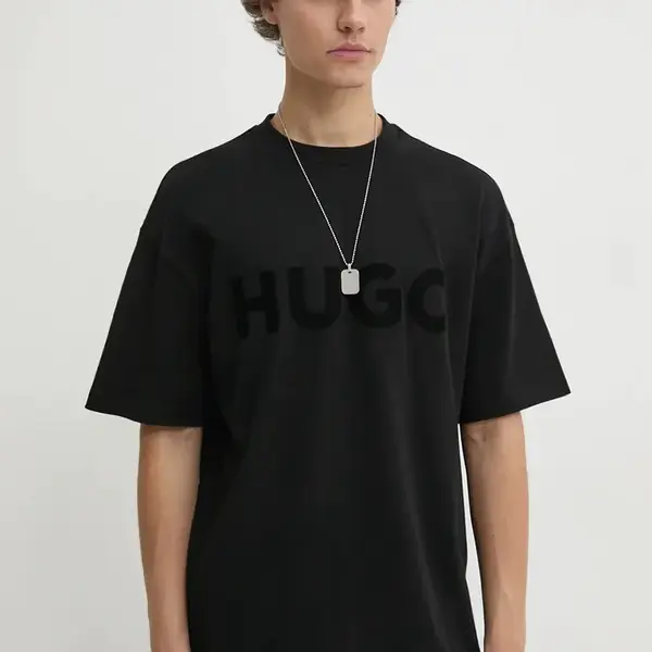 Bavlněné tričko HUGO černá barva, s potiskem, 50525765