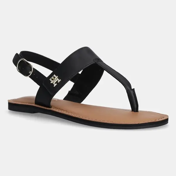 Kožené sandály Tommy Hilfiger LEATHER THONG SANDAL dámské, černá barva, FW0FW08505