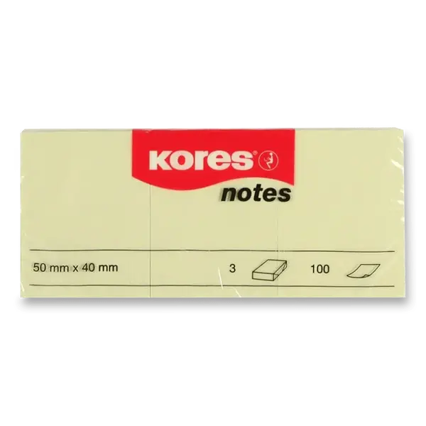 Samolepicí bloček Kores - žlutý - 50 × 40 mm, 3 × 100 listů