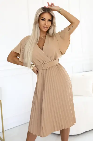 607-2 LYRA pleated midi dress with envelope neckline and wide belt - caramel