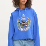 Mikina adidas x Farm Rio dámská, modrá barva, s kapucí, s potiskem, JL8608