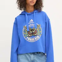 Mikina adidas x Farm Rio dámská, modrá barva, s kapucí, s potiskem, JL8608